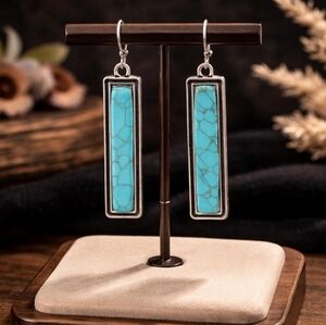 Turquoise and Silver Rectangular Dangle Earrings